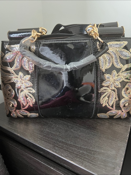 Handbags - Black Sequin Patent Leather Top-Handle Bag